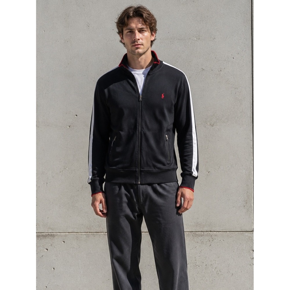 Polo Ralph Lauren Black Racing Stripe Full Zip Track Jacket Retro 90s Y2K L